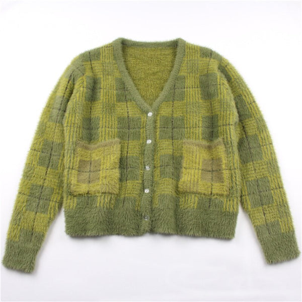 Winter Green Vintage Plaid V-Neck Knit Cardigan Sweater 