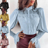 Stand Collar Buttons Puff Sleeve Lace Blouse Tops