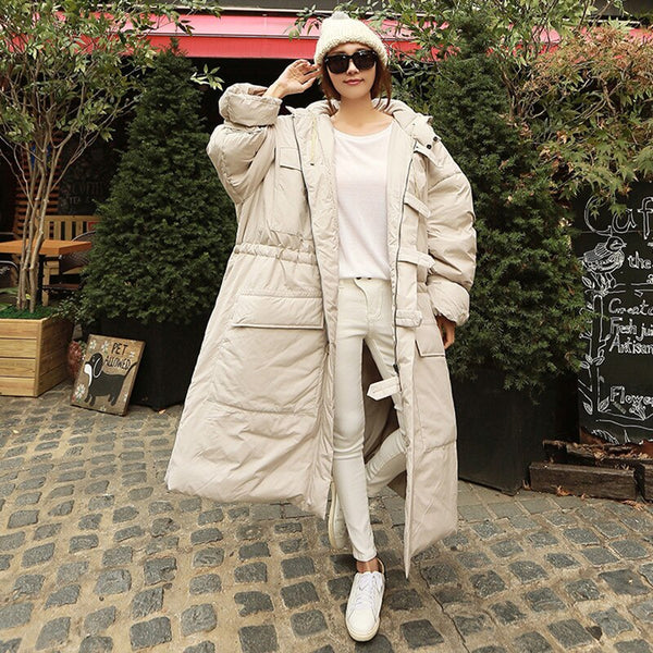 Winter New Fashion Loose Plus Casual Knee Thicker Hooded Down Jacket 
