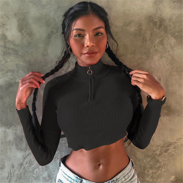 Women Zipper Knitted Pullover Slim Streetwear Crop Top