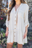Women Solid V-Neck Long Sleeve Single Breasted Shirt Mini Dress