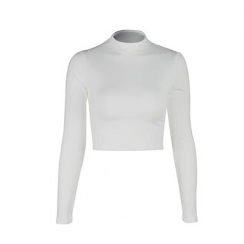 Women Sexy  Solid Color O Neck Long Sleeve Slim Bottoming Crop Top