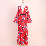 Women V Neck Long Sleeve Print Plus Size Maxi Dress 