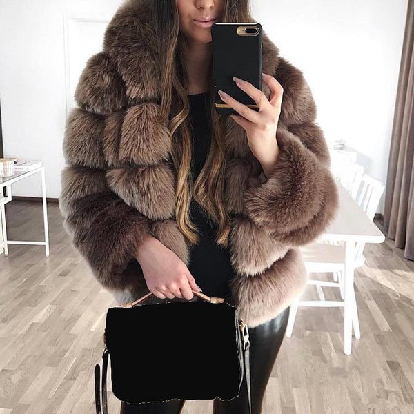 Women Winter Hoodie Fluffy Fur Long Sleeve Coat 