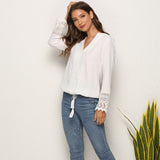 Women Chiffon V-neck Long Sleeves Hollow Out Blouse Tops