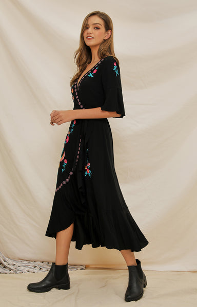 Embroidery Ruffle Floral Embroidered Vintage Bohemia Dresses