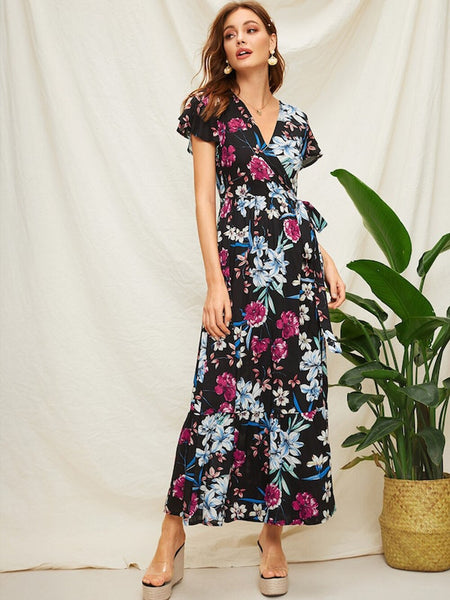 Women V-neck Butterfly Sleeve Plus Size Print Maxi Dress