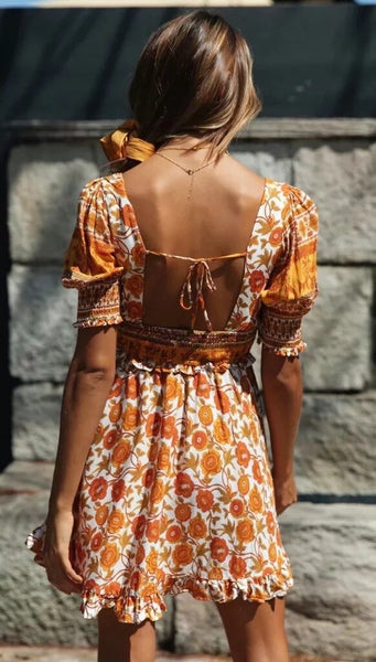 Square Collar Elastic Waist Printing Chic Mini Dress