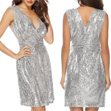 Women V-neck Solid Sequined Glitter Shining Club Party Dress