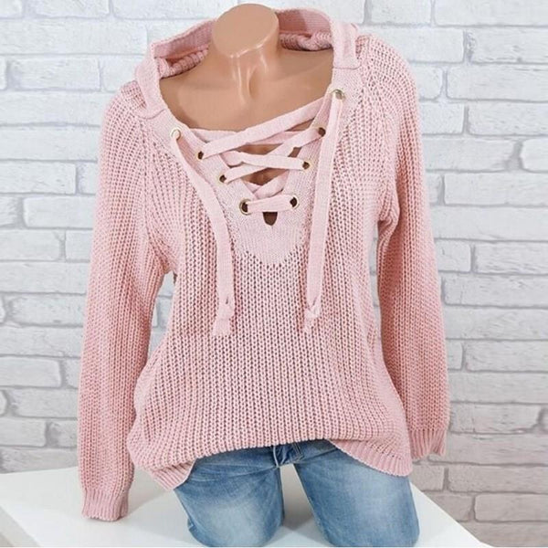 Autumn Winter Casual V Neck Knitted Loose Hooded Sweater