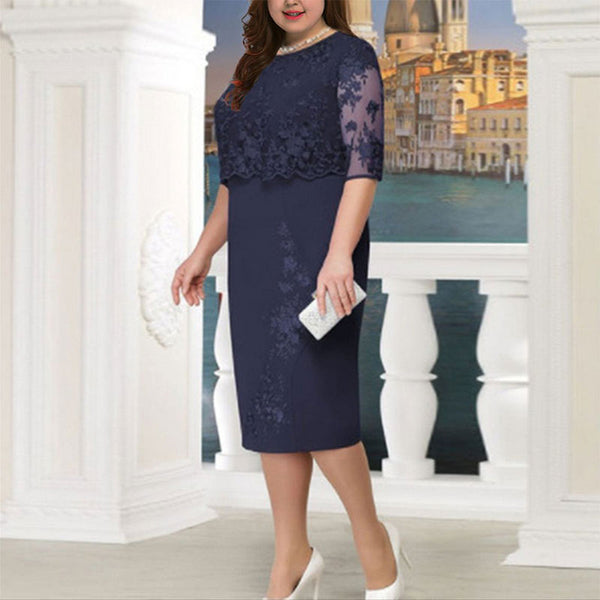 Women Lace Patchwork Half Sleeve High Waist Plus Size Bodycon Dress