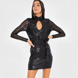 New Long-sleeved Sequin Hollowed Sexy Nightclub Mini Dresses