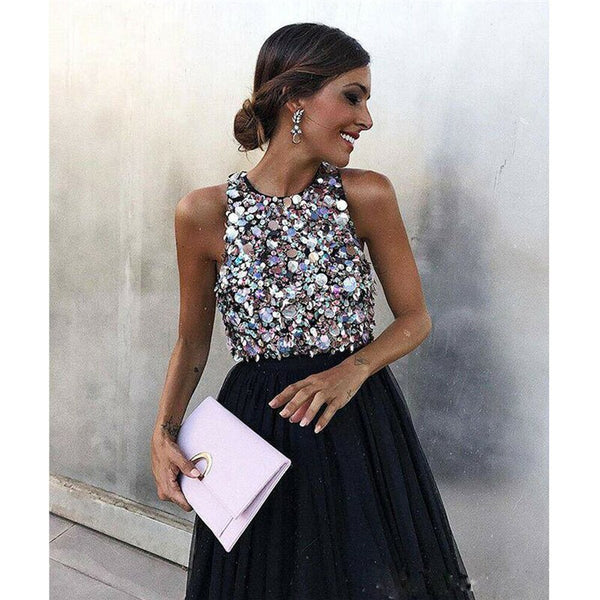Sexy Black Sequins Evening Party Tulle Dress 