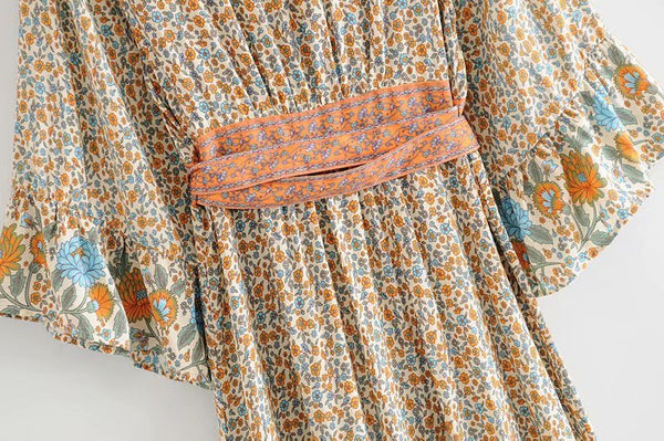 Boho Vintage Floral Print Kimono Sleeve Long Dress