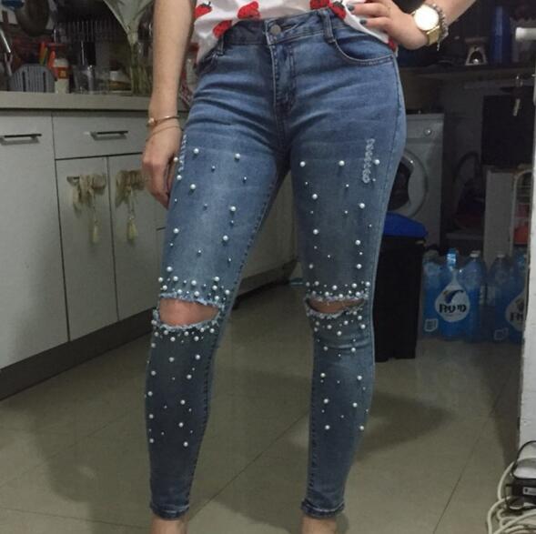 Women Destroyed Ripped Pearled Slim Denim Jeans Pants
