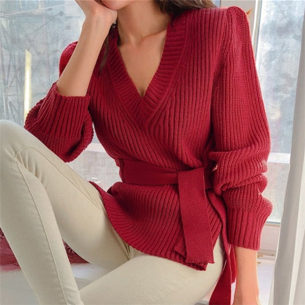 Women V-Neck Fashionable Korean Style Casual Solid Sweater