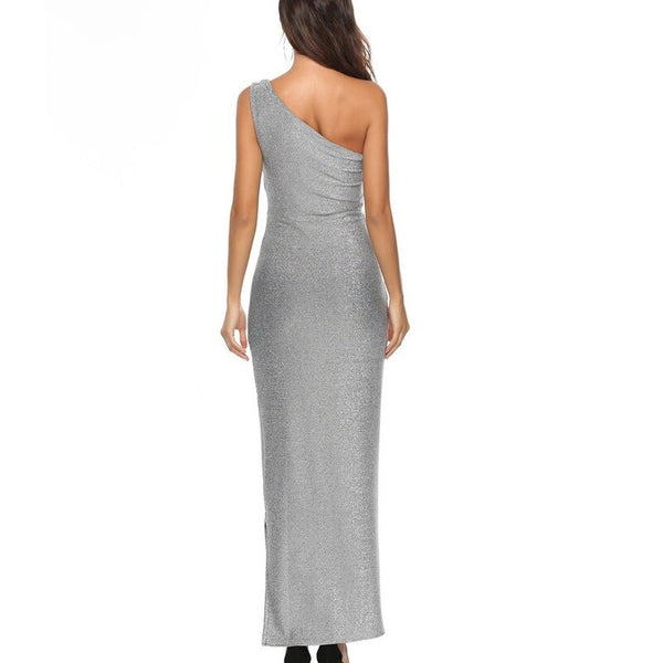 Silver Sequin One Shoulder Sleeveless Backless Party Dress 