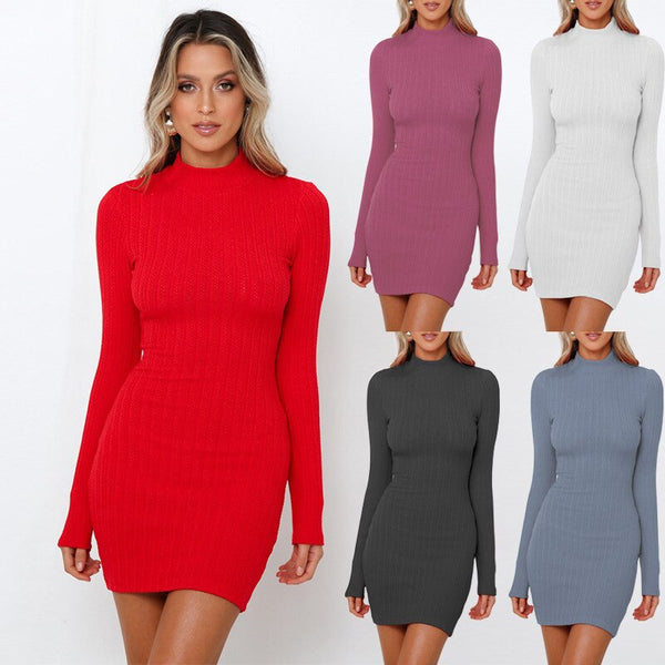 Round Neck Pullover Slim Solid Color Knitted Sweater Bodycon Dress