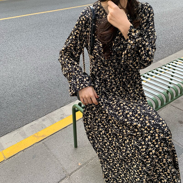 Retro Print Long Sleeve Turn Down Collar Maxi Dresses