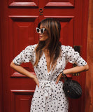 Women Summer Black Dots Print Belted Sexy V-Neck Maxi Dress