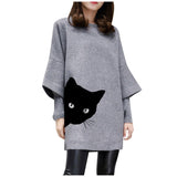 O-neck Cat Print Knitted Pullover Loose Sweatshirt