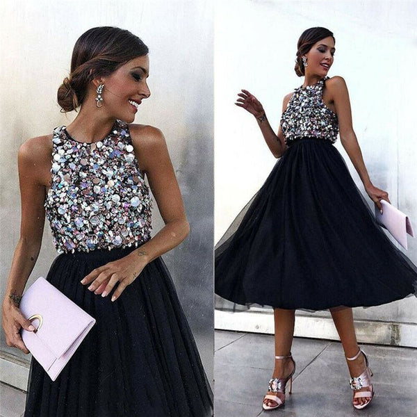 Sexy Black Sequins Evening Party Tulle Dress 