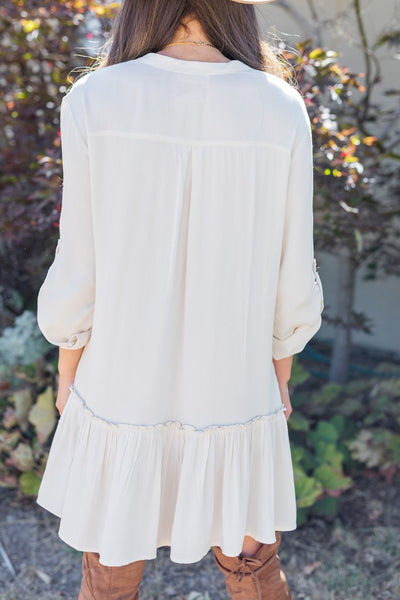 Women Solid V-Neck Long Sleeve Single Breasted Shirt Mini Dress