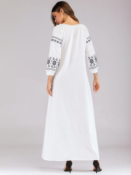 Women Tassel Embroidery Long Sleeve  Plus Size Cotton Maxi Dress