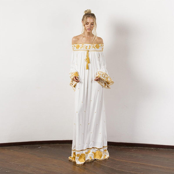 Vintage Slash Neck Embroidery Party Bohemia Dresses