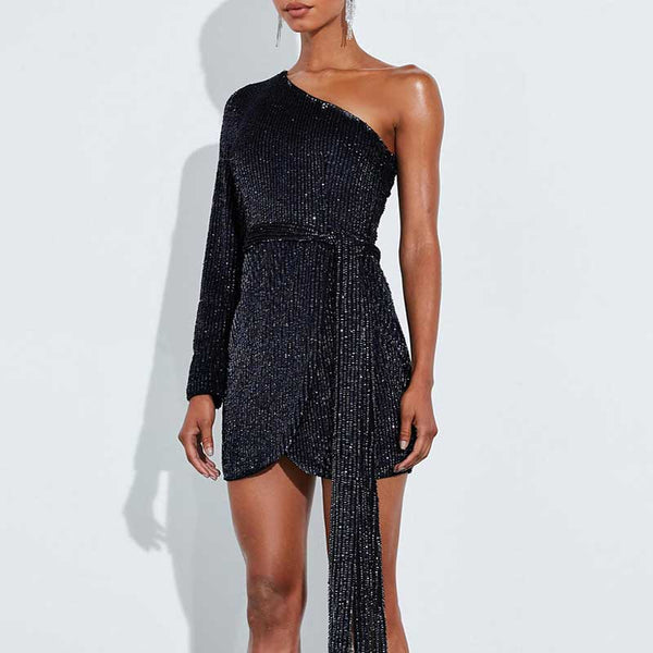 Sequined Sexy Christmas One Shoulder Mini Dress 