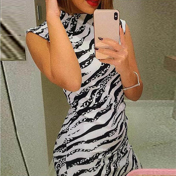 Round Neck Sleeveless Zebra Print Skinny Dress