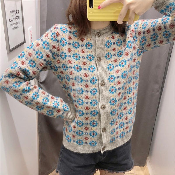 Women Floral Retro Knitted Cardigan Sweater