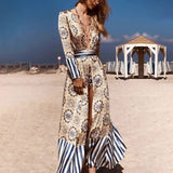 Women Floral Print Striped Patchwork V-neck Beach Maxi Dress