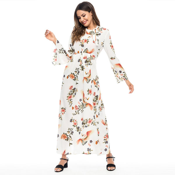 Women Flare Sleeve Print Long Sleeve Plus Size Maxi Dress