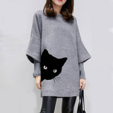  O-neck Cat Print Knitted Pullover Loose Sweatshirt