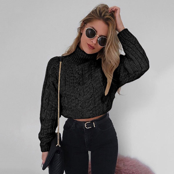 Women Winter High Collar Sexy Casual Knitted Sweater