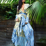 Women Floral Print Striped Patchwork V-neck Beach Maxi Dress