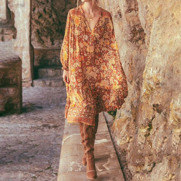 Vintage Print Loose Long-sleeved Bohemia Dress 