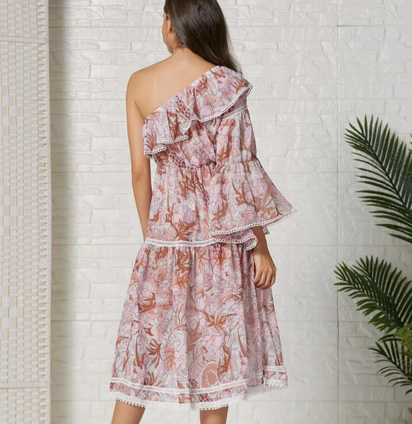 Ruffles One-Shoulder Print Elegant Long Party Dress