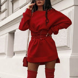 Long Sleeve Fleece Thick Dress+Waistband Belt Bandage Mini Dress 
