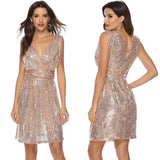 Women V-neck Solid Sequined Glitter Shining Club Party Dress