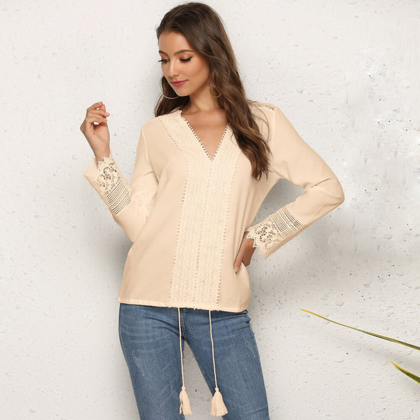 Women Chiffon V-neck Long Sleeves Hollow Out Blouse Tops