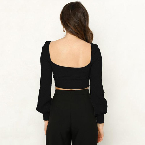 Casual V-neck Long Sleeve Backless Knitted Blouse