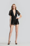 Women's V Neck Sexy Cotton Lace Hollow Out Bodysuits Jumpsuits 