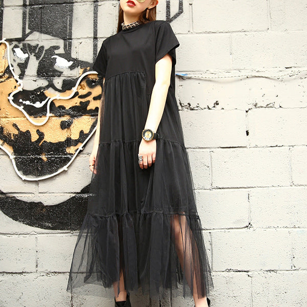 Women Large Size Black Stitching Net Yarn Round Collar Short Sleeve Maxi Dress