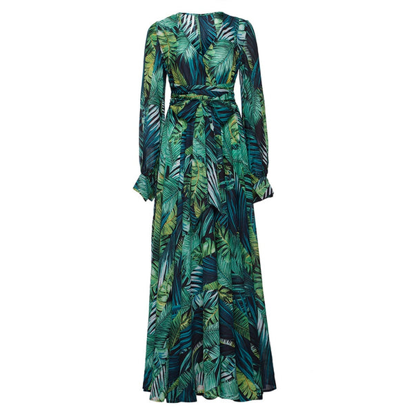 Women Long Sleeve Tropical Print Vintage Boho Maxi Dresses