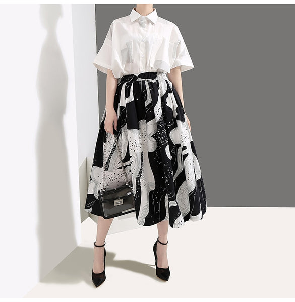 Summer High Elastic Waist Black Pattern Printed Temperament Half-body Skirt