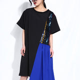 Spring Summer Round Neck Short Sleeve Black Hit Color Irregular Sequins Maxi Dress