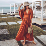 Women Bohemian Orange V Neck Backless Short Sleeve Irregular Maxi Dresses