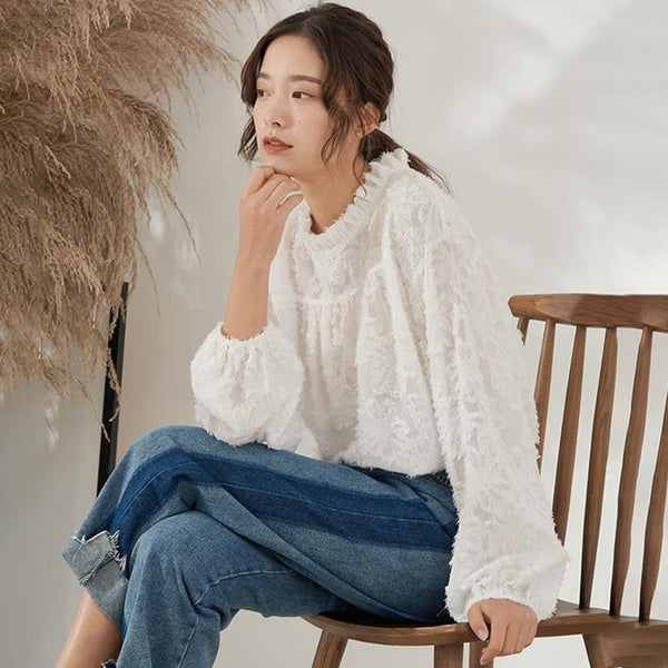 Summer Stand Collar Long Sleeve White Perspective Lace Shirt Blouse 